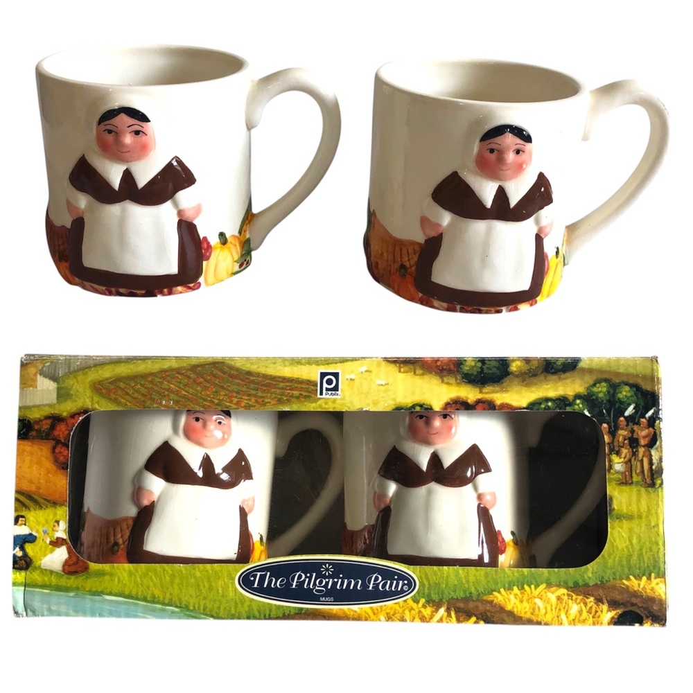 Publix - The Pilgrim Pair Of Thanksgiving Coffee Mugs 2 Ladies In Original Box
